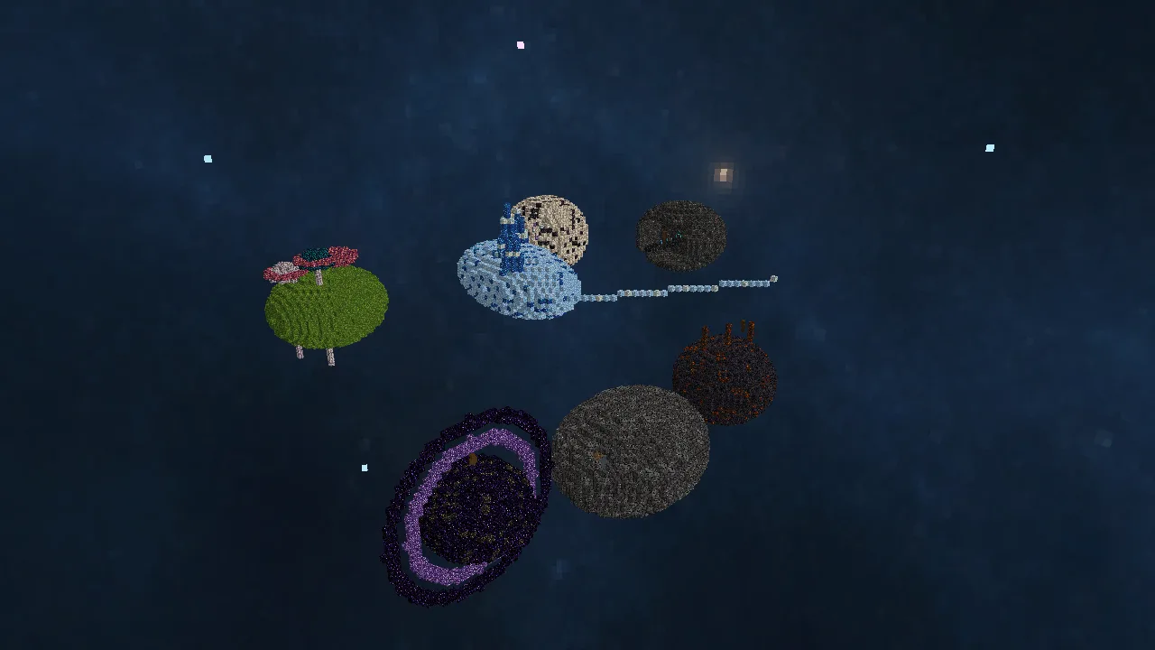 Game-derived overview of DelveRush asteroid biomes with ice, fungal, volcanic, void, and rocky sectors