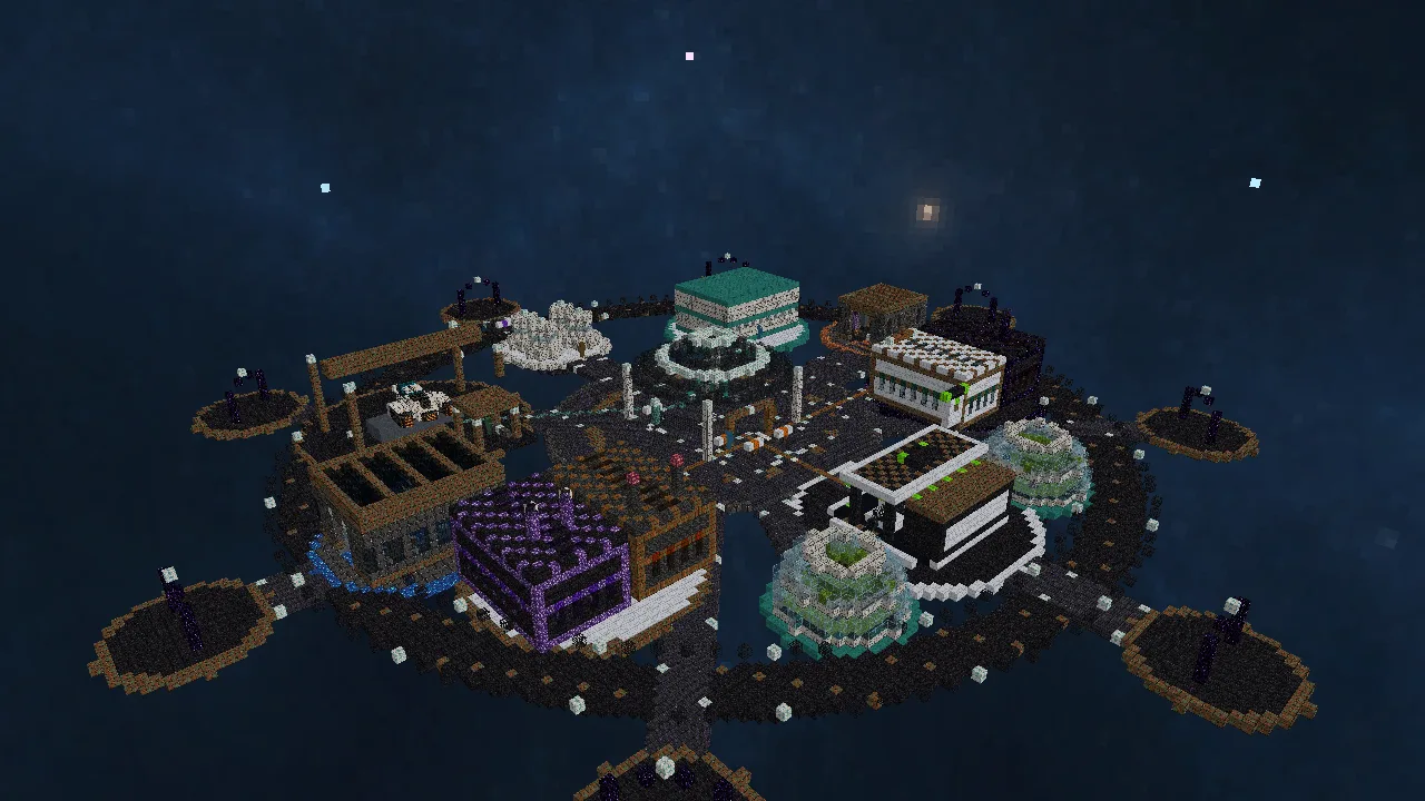 Game-derived overview of the Orbital Colony with workshops, portals, docks, and farm plots