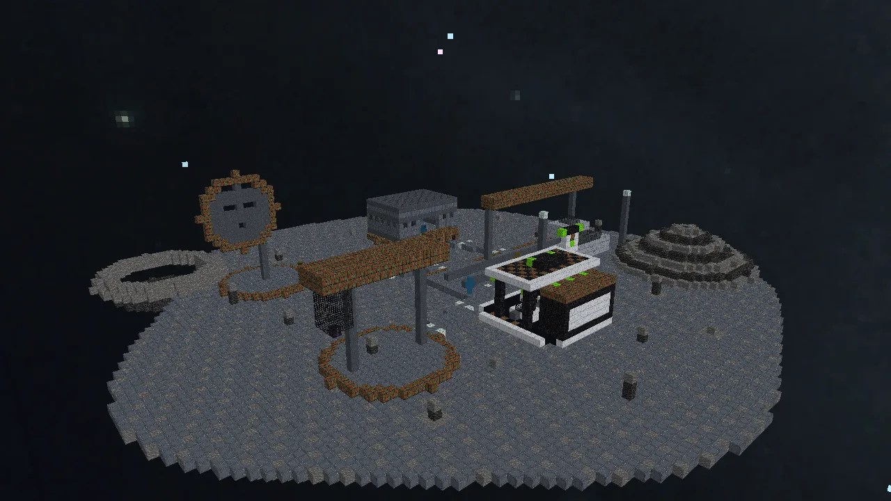 Game-derived overview of Luna Outpost with its mine, Wayline fuel station, farm, and moon base