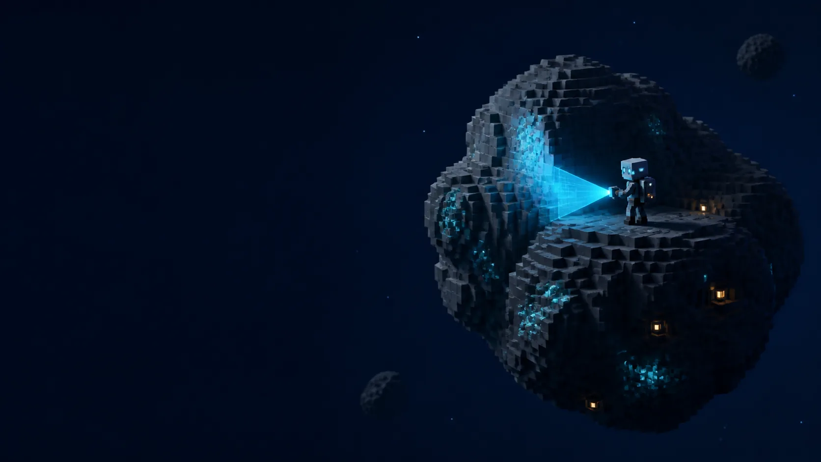 Voxel concept art of an explorer scanning an asteroid